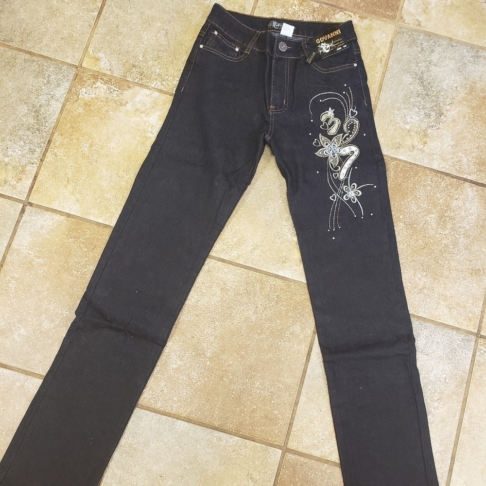 Dark Rewash Floral Low Rise Straight Leg Jeans